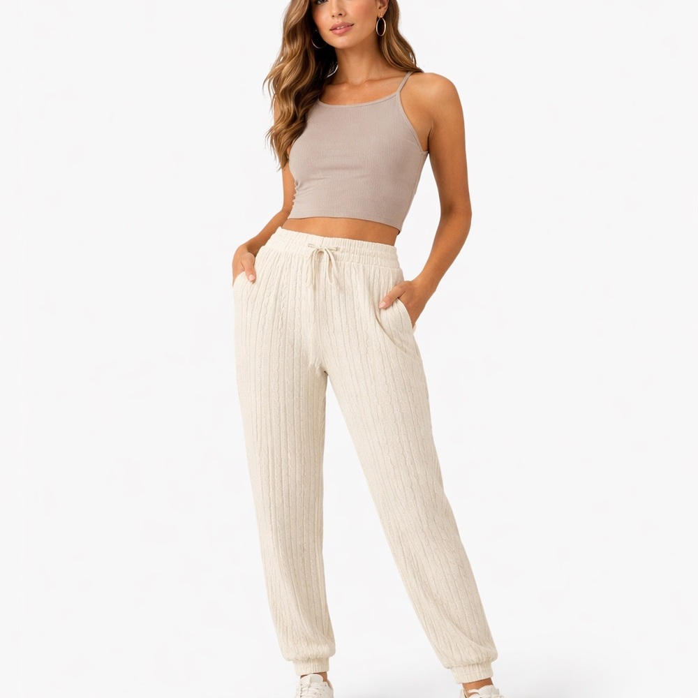 Onestep Up Cream Cable Knit Joggers Cozy Lounge Pants Medium - Picture 2 of 10